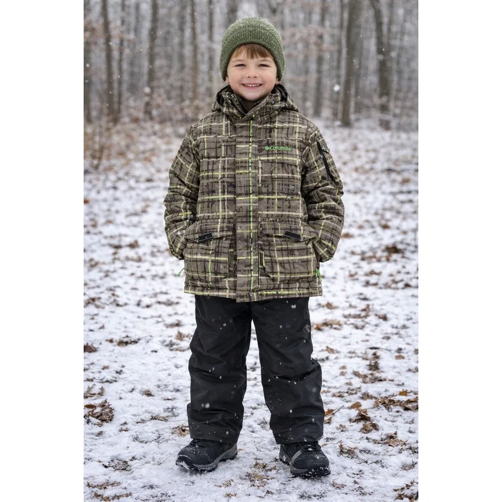 Columbia Jacket Youth 8 Brown Green Plaid Fleece Lined Insulate Outdoor Gorpcore